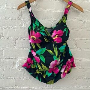 Caribbean Joe Slim Shaper Tankini Swim Top Bright Tropical Floral Print Size 8